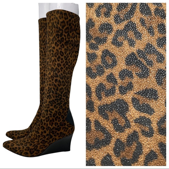 Stuart Weitzman Leopard Print Knee High Leather Wedge Boots Size 8 N Narrow - Picture 1 of 14